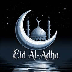 Eid al Adha Silhouette Logo with Crescent Moon Mosque and Elegant Typography

