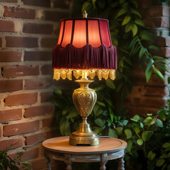A vintage brass table lamp with a fabric shade, casting warm light.