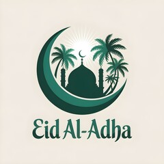Eid al Adha Silhouette Logo with Crescent Moon Mosque and Elegant Typography


