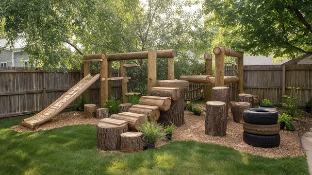 Backyard Obstacle Course for Kids. Wooden rope bridge made of logs and ropes in a backyard garden, concept of outdoor play and adventure
