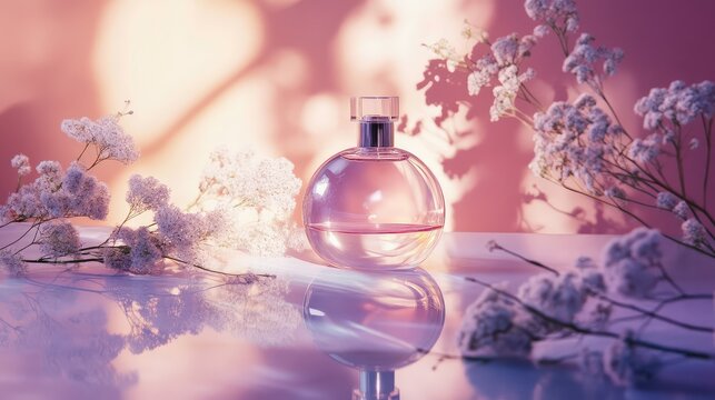 Elegant Perfume Bottle Surrounded by Delicate Flowers on a Soft Pink Background, Capturing the Essence of Beauty and Fragrance in a Visually Striking Way