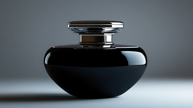 Elegant black perfume bottle with shiny chrome cap, exuding luxury and sophistication, perfect for beauty, fragrance, and cosmetic branding in high-end markets.