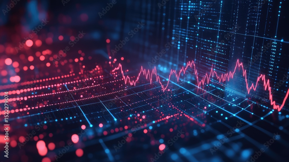 Poster abstract financial data visualization with colorful graphs and lines depicting market trends and inn
