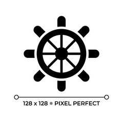Helm pixel perfect glyph solid icon. Ship steering wheel. Vintage vessel equipment. Level for sailing boat controlling. Black silhouette symbol on negative space. Vector isolated illustration