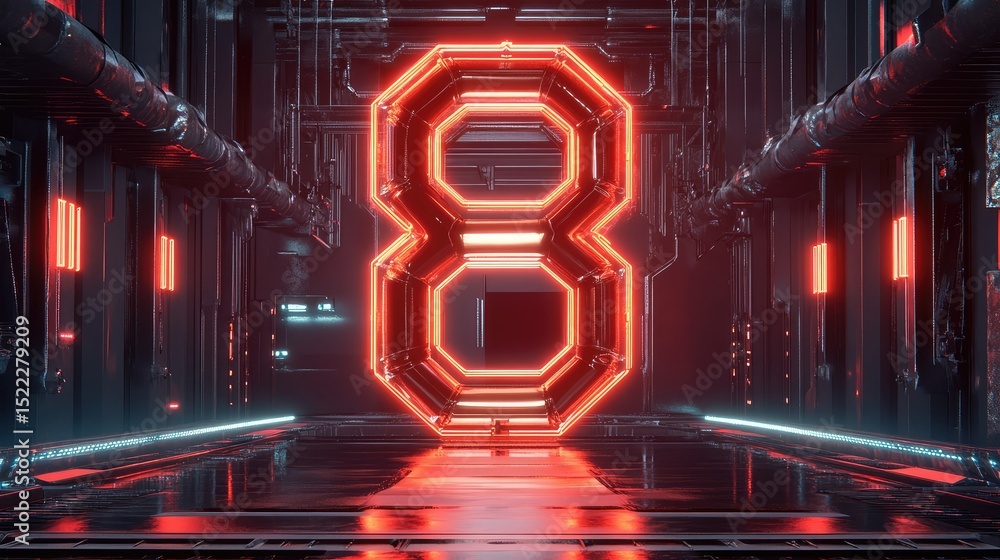 Poster futuristic neon number eight surrounded by high-tech environment with glowing lights and reflections