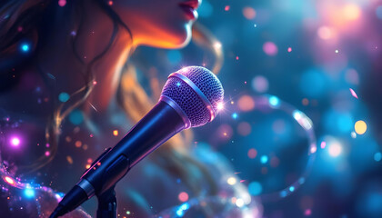Obraz premium ファンタジーストーリー（スタンドマイクにそっと身を預け、澄んだ歌声で心の奥まで優しく満たす女性シンガー）