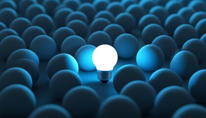Obraz premium Single illuminated lightbulb amongst a sea of dark spheres.