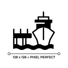 Mooring dock pixel perfect glyph solid icon. Anchoring vessel in port. Maritime transport industry. Ship equipment. Black silhouette symbol on negative space. Vector isolated illustration