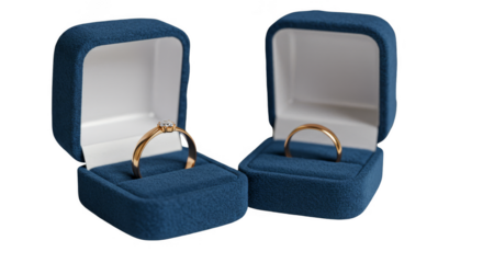 Isolated Transparent Background of Golden Wedding Rings in Blue Velvet Box