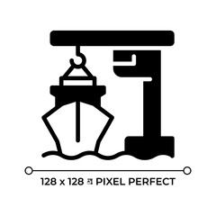 Port crane pixel perfect glyph solid icon. Lifting machine loading cargo onto ship. Freight transportation in dock. Black silhouette symbol on negative space. Vector isolated illustration