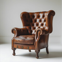 A vintage brown leather armchair with a button-tufted backrest and rolled arms.