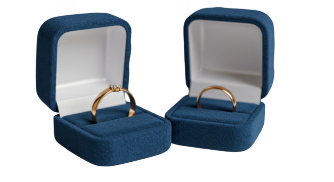Isolated Transparent Background of Golden Wedding Rings in Blue Velvet Box - Powered by Adobe
