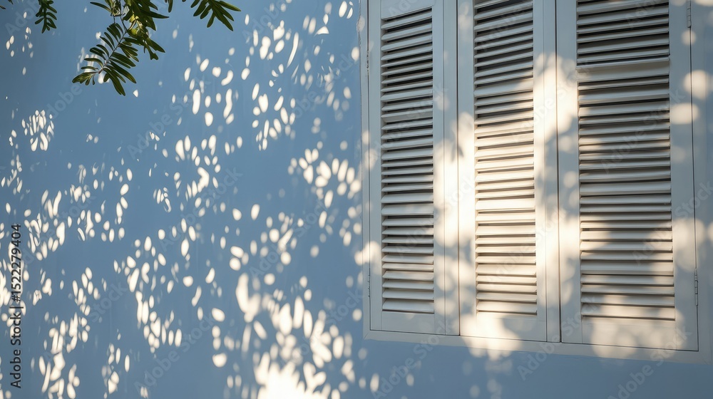Poster soft shadows dancing on a light blue wall from a window shutter surrounded by nature's bokeh effect 