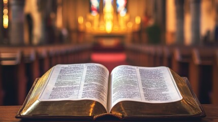 Open Bible in church with blurred background