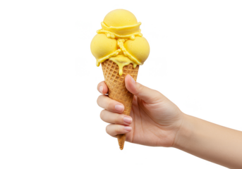 Isolated Transparent Background of Hand Holding Yellow Ice Cream Cone
