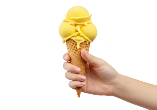 Isolated Transparent Background of Hand Holding Yellow Ice Cream Cone