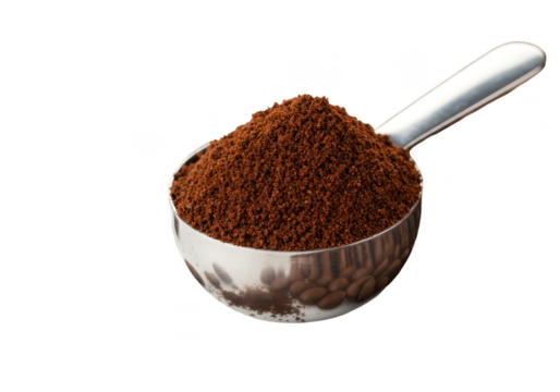 Isolated Transparent Background Ground Coffee in Silver Spoon Heap Pile