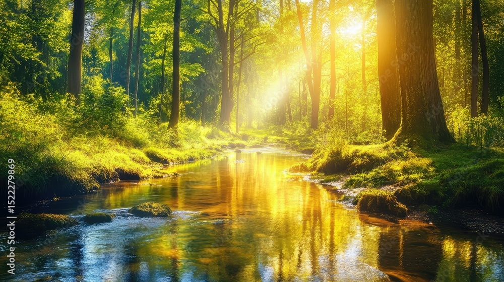 Aufkleber tranquil forest scene with sparkling stream and sunlight filtering through lush greenery in a serene