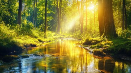 Obraz premium Tranquil Forest Scene with Sparkling Stream and Sunlight Filtering Through Lush Greenery in a Serene Nature Landscape