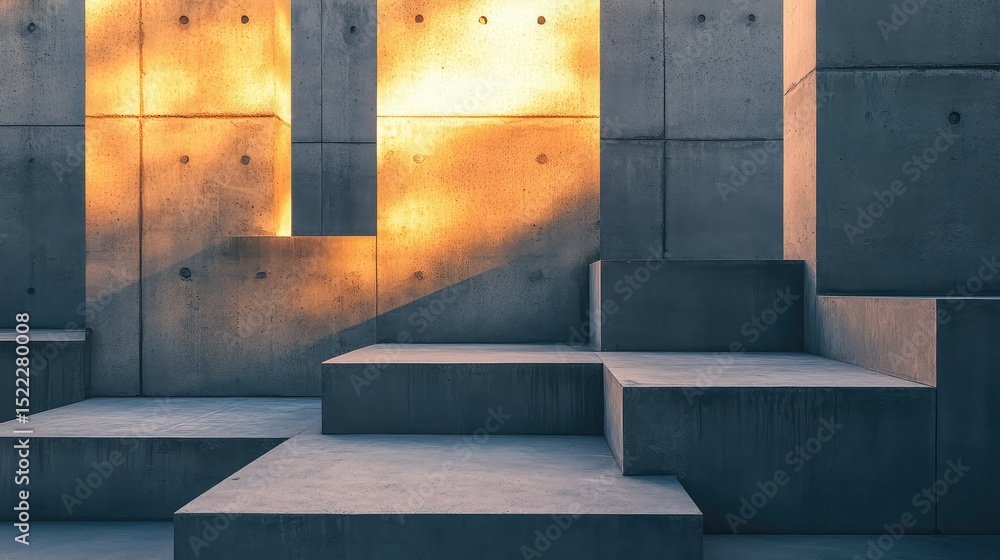 Poster abstract architecture of concrete walls and steps with warm light glowing through shadowed corners, 