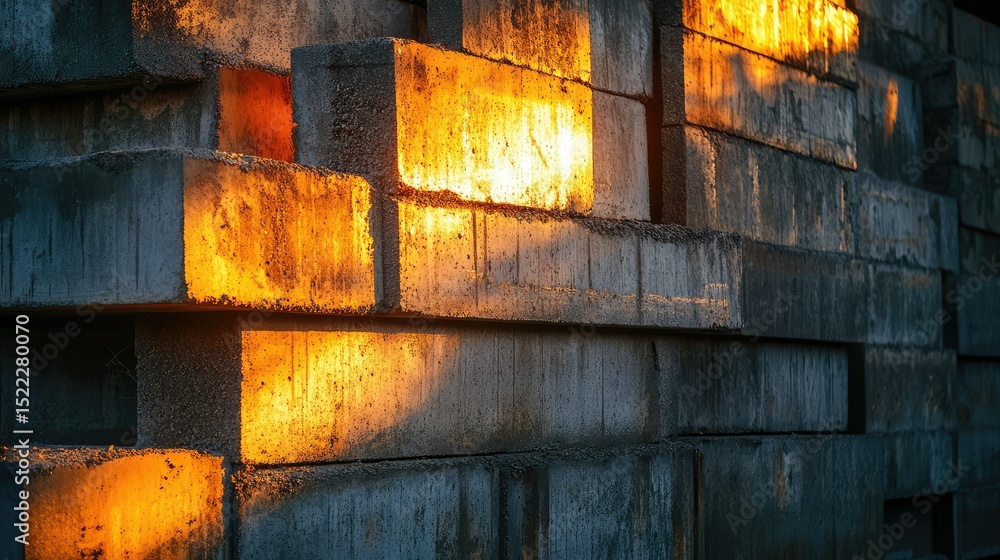 Poster stack of concrete blocks illuminated by warm sunlight creating a striking contrast of colors, highli