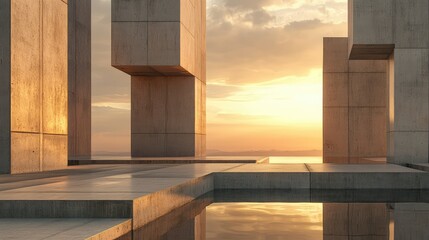 Abstract Architectural Landscape with Geometric Shapes and Reflections at Sunset, Industrial Minimalism with Natural Light and Tranquil Atmosphere