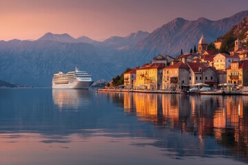Obraz premium Best Cruise Destinations in June. Large cruise ship near a coastal village with stone houses, calm water, and mountain backdrop, travel and tourism concept.