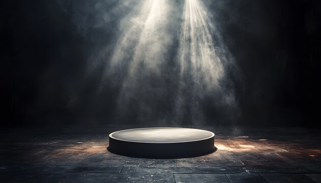 Empty circular stage platform with dramatic lighting.