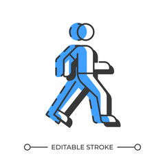 Walking person offset shadow line icon. Pedestrian strolling. Personal physical security. Active lifestyle. Bold outline symbol with solid blue fill. Modern flat illustration. Editable stroke