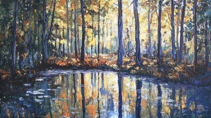 Serene Autumn Landscape with Reflections in Calm Waters Surrounded by Tall Trees and Vibrant Foliage in Rich Earthy Tones and Warm Hues of Nature Palette