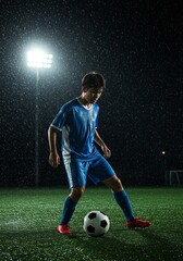 Soccer player kicking ball in the rain