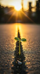 Sprout growing through crack road sunlight