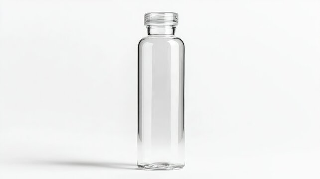 Minimalist Clear Glass Bottle on White Background for Beverage, Water or Juice Presentation, Isolated with No Labels or Logos for Product Photography
