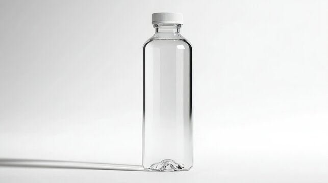 Transparent plastic bottle with a white cap on a minimalistic background, perfect for showcasing products, beverages, or packaging design elements in lifestyle imagery