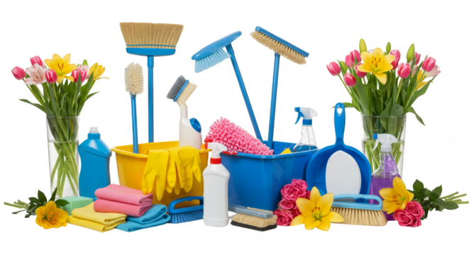 Isolated Transparent Background of Cleaning Equipment with Flower Arrangement - Powered by Adobe