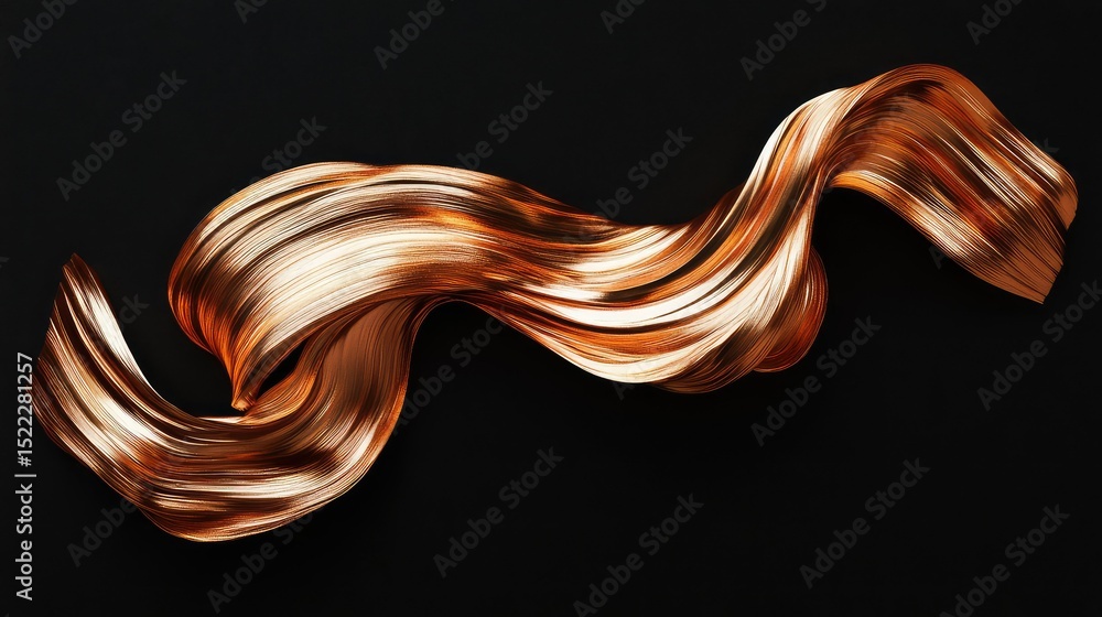 Poster abstract flowing lines of shimmering copper metallic ribbon isolated on a dark background creating a