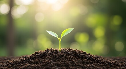New Life Sprouting A Tiny Seedling Emerging from Rich Soil, Basking in the Warm Sunlight of a Vibrant Green Forest