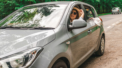 Travel couple. Man woman car journey. Love together smiling sunglasses.