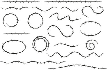 Barbwire, thorny frames different shapes vector set, wreath, barb line silhouettes, round curly and wavy sharp torn stem © sabelskaya