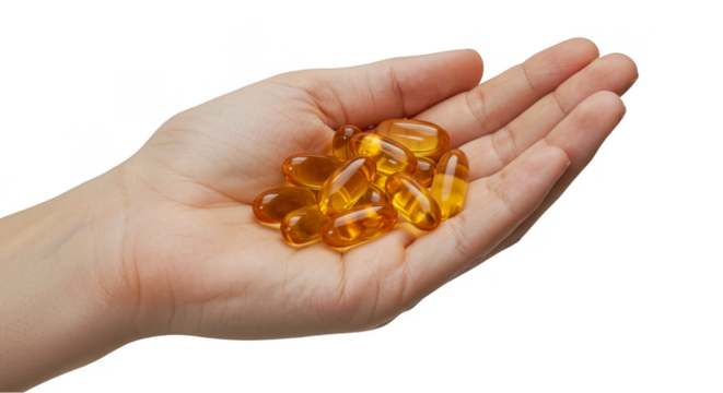 Isolated Transparent Background with Hand Holding Golden Gel Capsules Pills