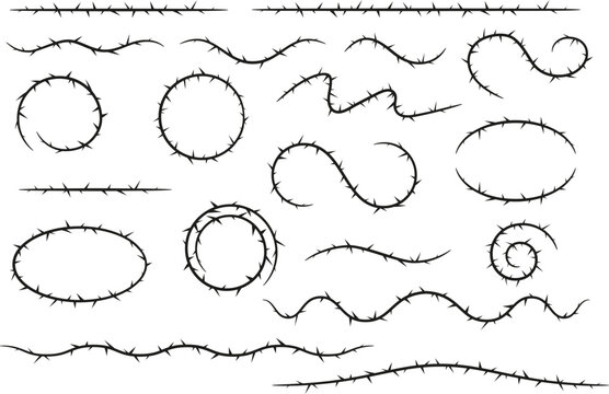Barbwire, thorny frames different shapes vector set, wreath, barb line silhouettes, round curly and wavy sharp torn stem