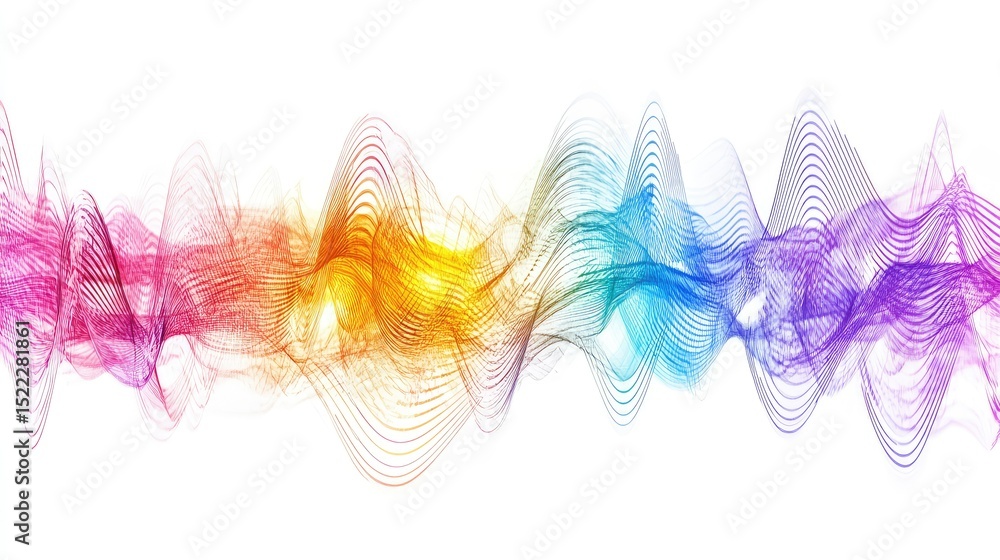 Fototapete Abstract colorful wave patterns with varying opacity and symmetry, creating a dynamic visual representation of sound frequencies and vibrations in a modern digital art style.