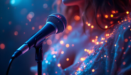 Obraz premium ファンタジーストーリー（スタンドマイクにそっと身を預け、澄んだ歌声で心の奥まで優しく満たす女性シンガー）