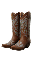 Isolated Brown Cowboy Boots Embellished with Silver Glitter on Transparent