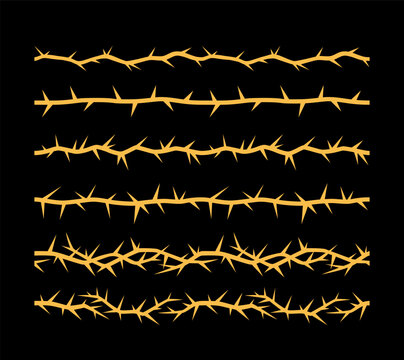 Barbwire, thorny orange frame vector illustrations set, prison, boundary barb lines, sharp fence, torn stem rusty design