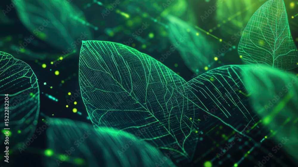 Poster digital leaf pattern with neon green lines and abstract background, ideal for nature and technology 