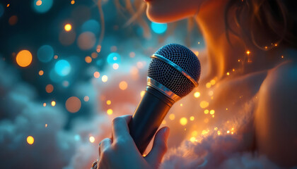 ファンタジーストーリー（スタンドマイクにそっと身を預け、澄んだ歌声で心の奥まで優しく満たす女性シンガー）