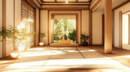 Serene Indoor Space with Natural Light, Elegant Wooden Elements, and Lush Greenery, Ideal for Meditation and Relaxation in a Tranquil Environment
