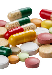 Isolated Transparent Multicolored Medication Pills Capsules and Tablets on