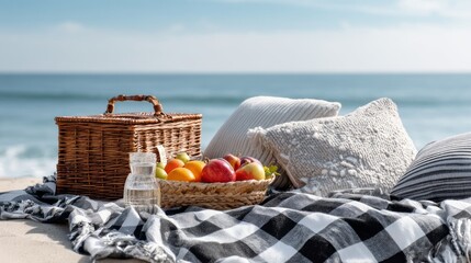 Cozy beach picnic setup with checkered blanket, basket, fresh fruit, and ocean view. Cozy picnic scene with checkered blanket, wicker basket, fruits, flowers, and pillows on beach sand